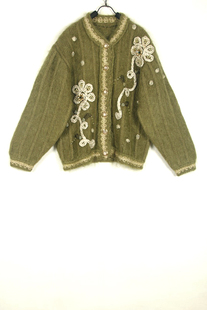 秋冬装孤品复古古着vintage芥末绿马海毛长毛盘花钉珠手工毛衣女