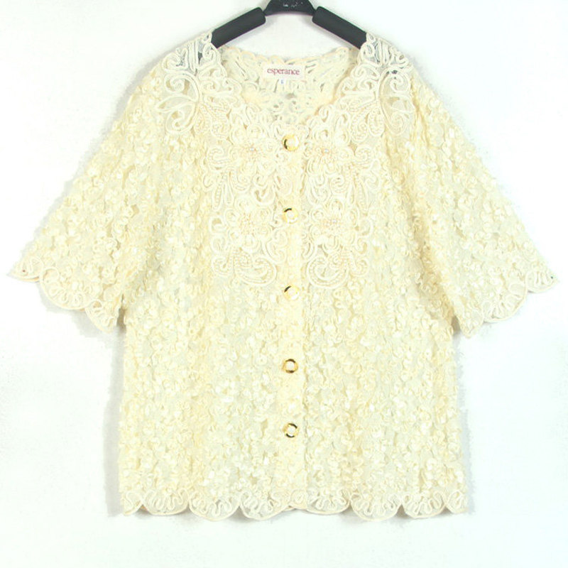 春夏装孤品复古日本中古着vintage宫廷风香槟色珍珠蕾丝短袖上衣