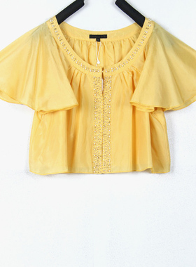 春夏装孤品复古古着vintage明黄色手工钉珠超短款飞袖短袖上衣