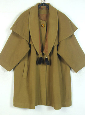 秋冬孤品复古古着vintage日本芥末黄斗篷两件套水貂吊坠羊绒大衣