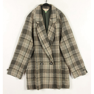 秋冬装孤品复古古着Vintage豆沙绿格子大苹果领中长款西装外套