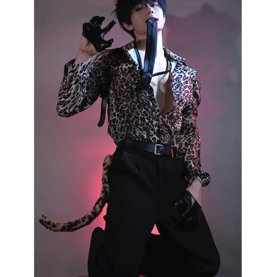 禁欲系豹纹衬衫男模风免烫长袖