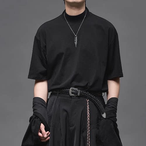 设计师款艺术生半高领t恤五分袖