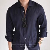 天丝亚麻休闲工装 欧货水洗棉麻衬衫 开衫 透气肌理感长袖 衬衣 男薄款