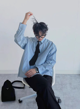 日系cityboy蓝色衬衫男高级感宽松长袖vintage免烫冰丝雪纺衬衣潮