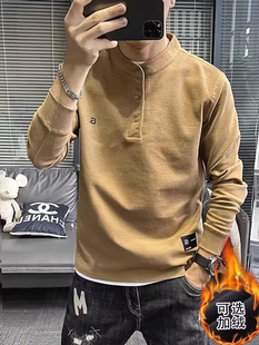 欧洲站加绒卫衣男高级感修身立领长袖t恤美式亨利领上衣字母刺绣