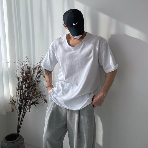 大领口t恤男冰丝莫代尔宽松短袖