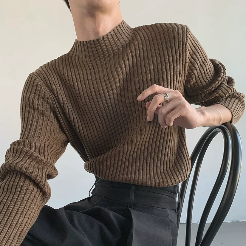 老钱风半高领针织衫男松弛感修身长袖卫衣薄款软糯透气坑条羊毛衫