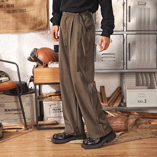 复古棕色西裤 裤 男卡扣设计感飘带工装 宽松直筒免烫西装 潮 长裤 美式