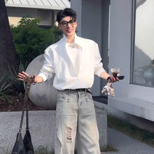 法式立领白衬衫男假两件层次感宽松长袖罩衫深v设计感休闲衬衣潮