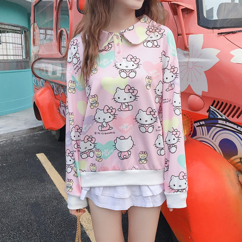 秋春装凯蒂猫娃娃领卫衣女学院风可爱hello kittyt长袖宽松上衣萌