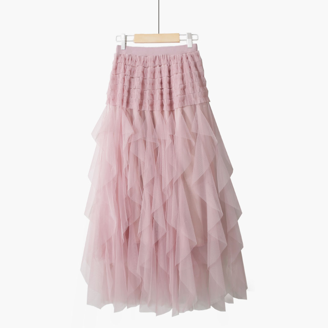 秋冬新款高腰显瘦不规则拼接a字裙纯色仙女风网纱裙中长款半身裙