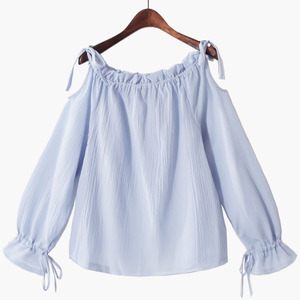 2019春夏新甜美系带衬衫一字领套头露肩纯色显瘦百搭长袖雪纺衫女