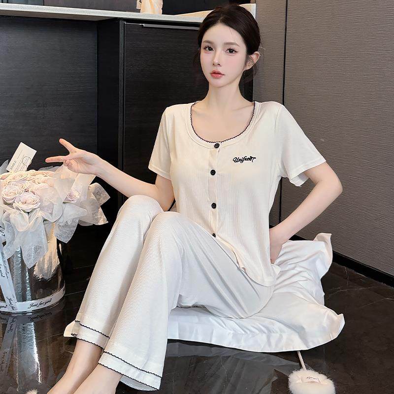 日本GP夏季新款甜美性感棉带胸垫开衫短袖睡衣女套装纯欲家居服