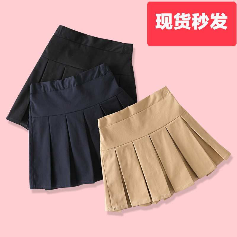 儿童纯棉卡其色百褶校服裙春秋款