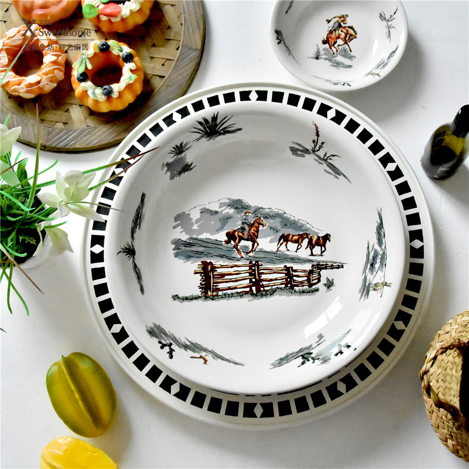 美式乡村牛仔盘子外贸原单精美深盘水果点心料理装饰摆盘家用大盘