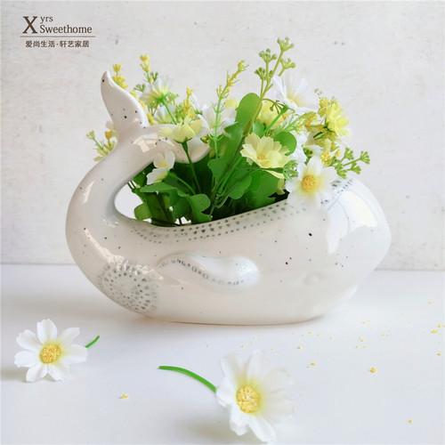 外单陶瓷鲸鱼造型花盆花盆 收纳桶 桌面装饰摆件复古动物摆设收纳