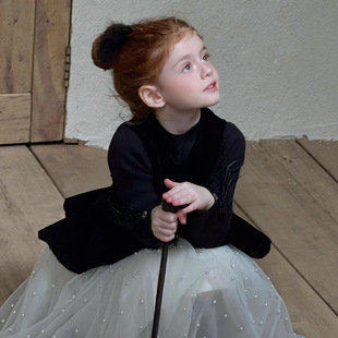 2025秋季新款童装韩版儿童丝绒背心珍珠纱裙女童礼服公主裙生日裙