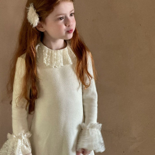 2024秋冬新款童装韩版女童温柔蕾丝领长裙儿童内搭花边领连衣裙