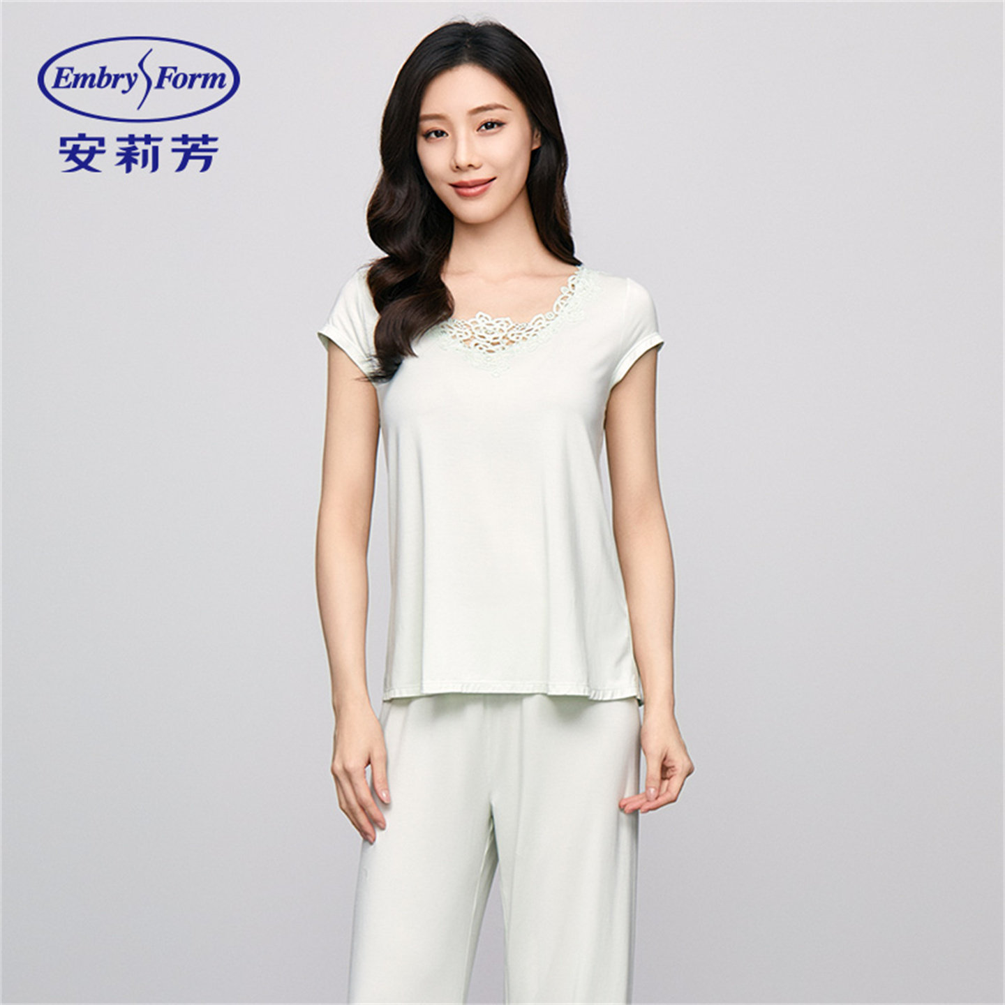 安莉芳专柜新品莫代尔v领女士家居服套装甜美舒适茉莉多酚睡衣