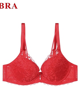 安莉芳旗下E-BRA薄款本命年红色性感蕾丝文胸罩上托大胸显小内衣