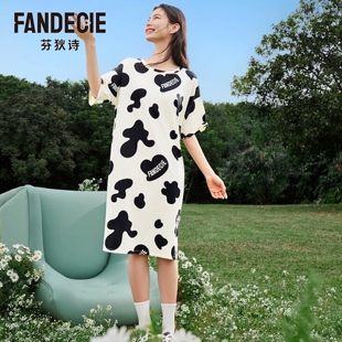 芬狄诗专柜同款睡衣女长袖宽松显瘦圆领中长款睡裙100%纯棉家居服