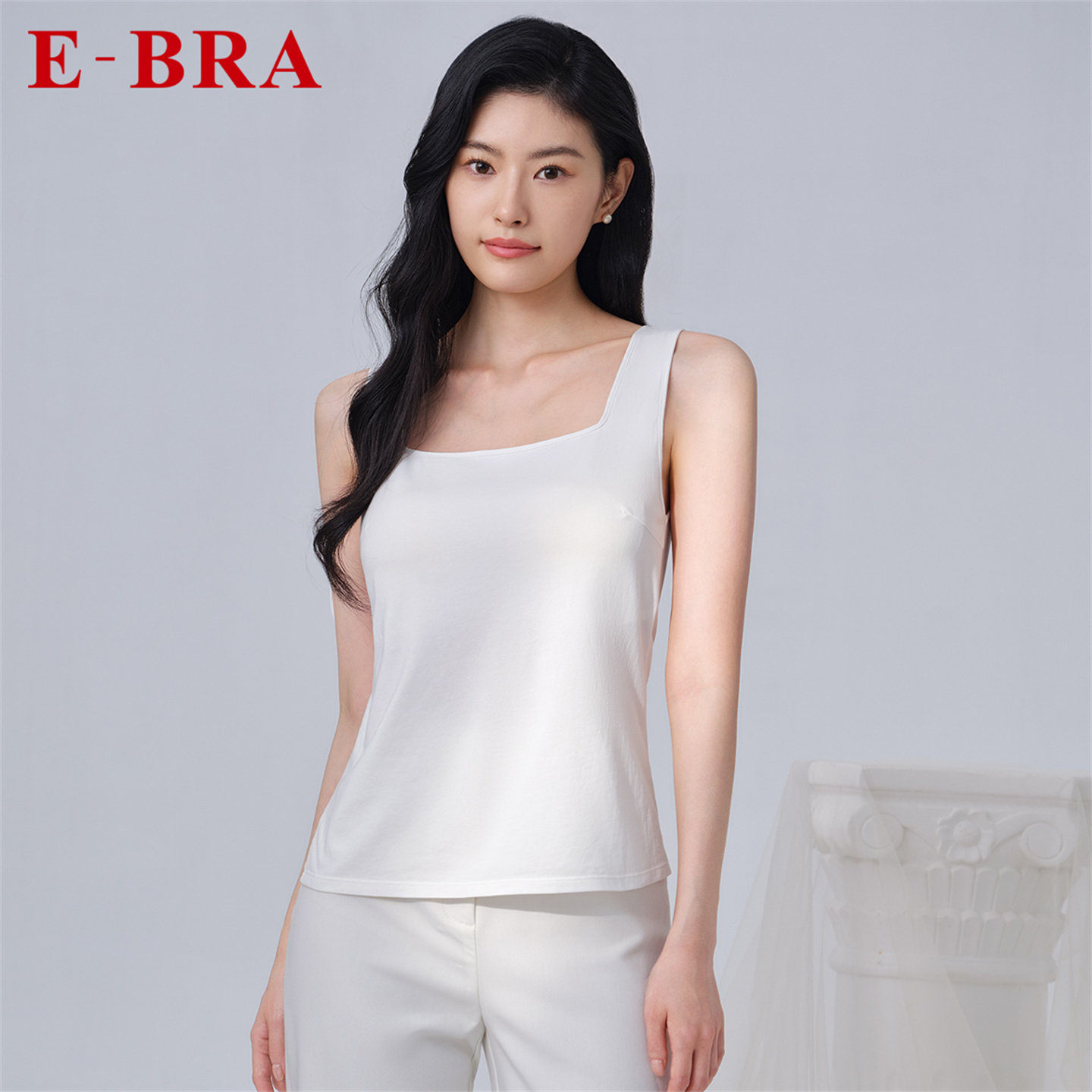 安莉芳旗下E-BRA专柜同款无袖背心方领混纺女士纯色内搭打底上衣