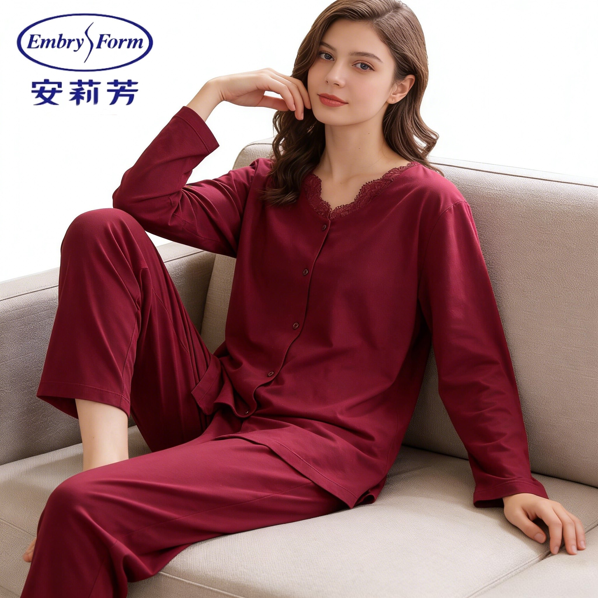 安莉芳【蕾丝暖绒系】秋冬新款开衫蕾丝拼接领女士家居服睡衣套装