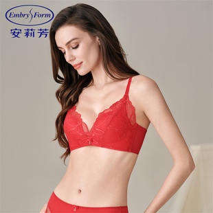 安莉芳商场同款蕾丝无钢圈透气收副乳内衣女士本命年红色舒适文胸