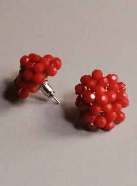 NOCT夜光虫法式复古红色树莓耳钉精致水晶串珠小众耳饰