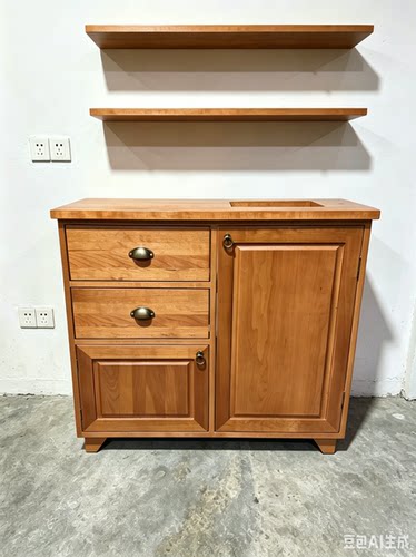 家用茶水柜水槽樱桃木餐边柜咖啡机操作台原木复古简约工作室水吧