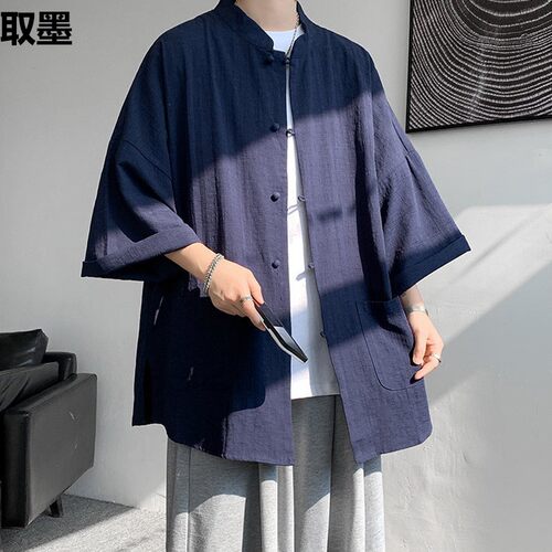 新中式男装亚麻短袖衬衫男夏季民国风汉服长衫外套中山装唐装马褂