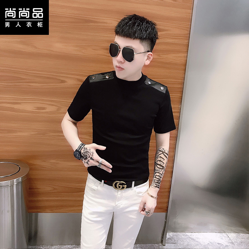 2025年夏季新款时尚潮流圆领t恤痞帅弹力上衣高级感男士修身短袖