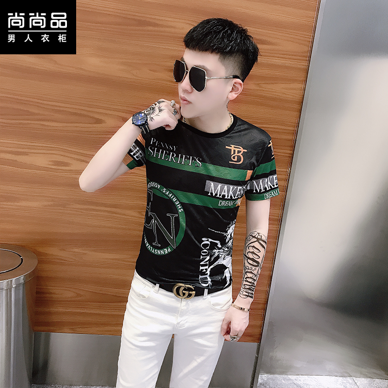 男士新款圆领短袖t恤时尚修身潮牌个性印花图案薄款冰丝半袖体恤