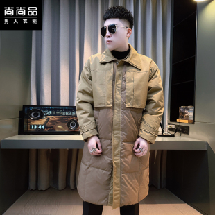 冬季新款男士韩版潮流翻领中长款羽绒服纯色设计感拼接保暖外套