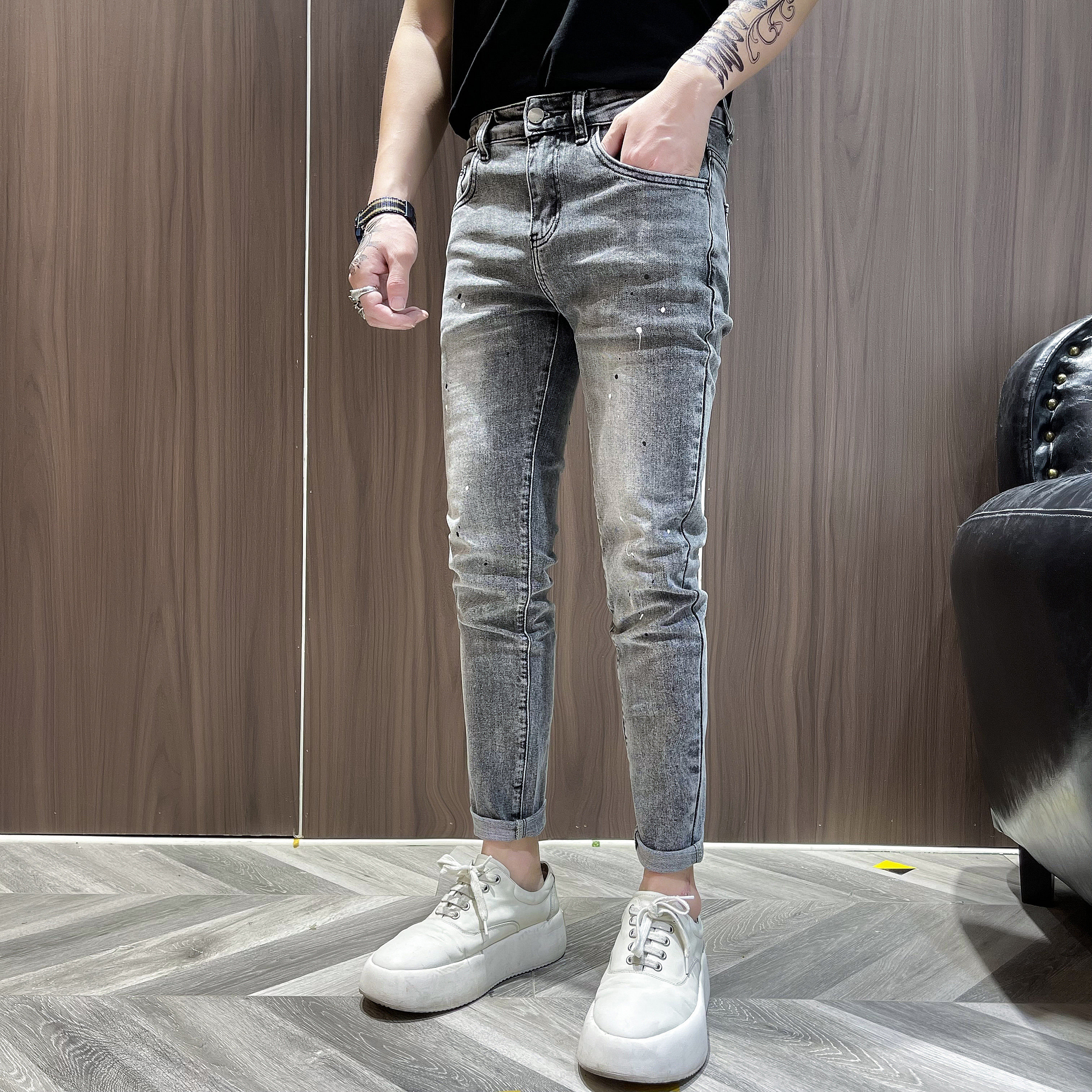 夏季复古油漆工艺牛仔裤潮牌弹力小脚裤韩版百搭男士修身九分裤