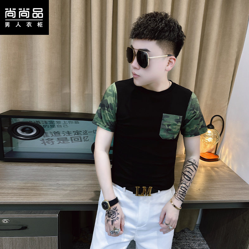 夏季男士新款圆领短袖t恤韩版时尚套头帅气isn拼色百搭半袖打底衫