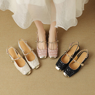 恋步鞋城 重工款2024夏季拼接包头凉鞋亮片公主中跟单鞋