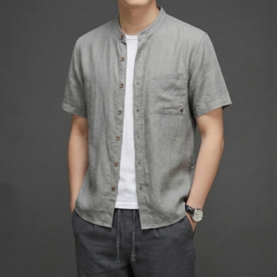 春夏新款针织亚麻衬衫短袖纯色衬衣领潮流百搭男士通勤简约衬衫