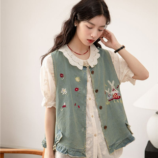 绿色兔子刺绣无袖 叠穿背心 马甲女甜美减龄森系文艺复古木扣开衫