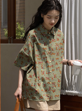 超好看独特花衬衫女夏款短袖