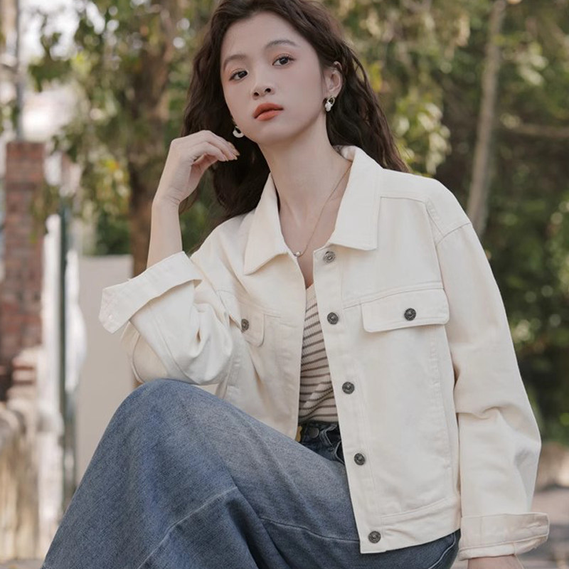 高级感白色牛仔外套女短款修身图片