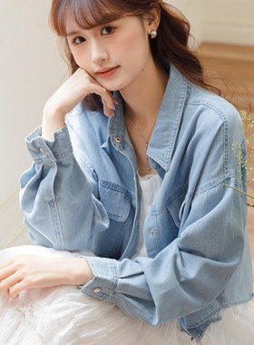 春秋夏外套女薄款牛仔柔软小个子短款外搭浅蓝色长袖衬衫