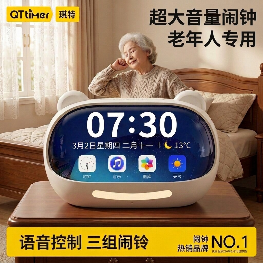 琪特智能闹钟老人专用2026新款可充电大音量简单实用时钟电子显示