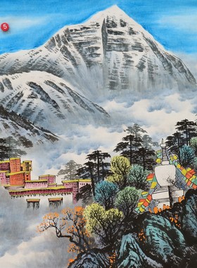 西藏布达拉宫日照金山图四尺斗方手绘国画山水画字画特价HC572405