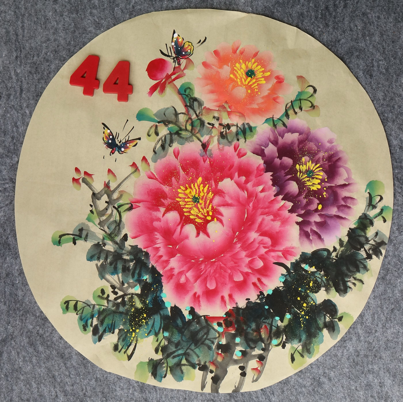 直径49厘米手绘花鸟圆形牡丹图字画国画客厅装饰挂画特价HA582344图片