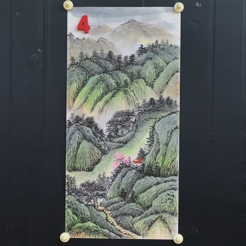 34X68厘米无款画芯手绘国画青绿山水字画客厅装饰挂画特价E186-4