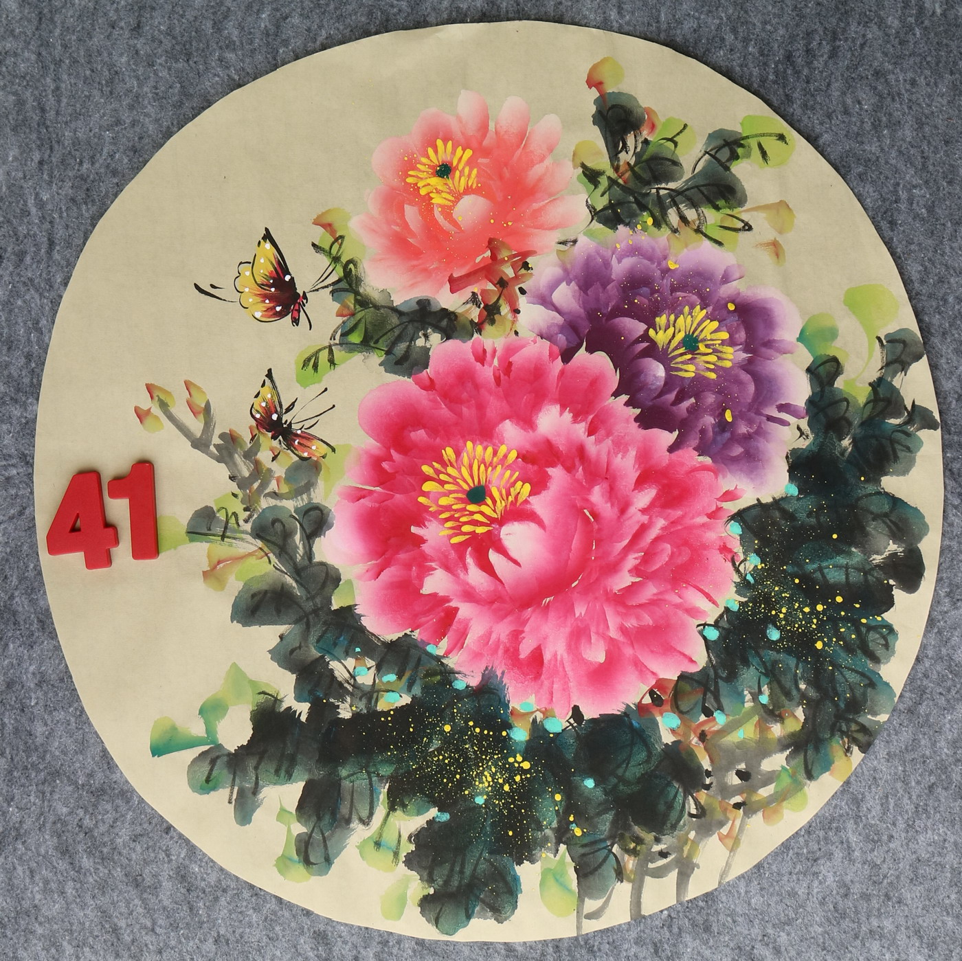 直径49厘米手绘花鸟圆形牡丹图字画国画客厅装饰挂画特价HA582341图片