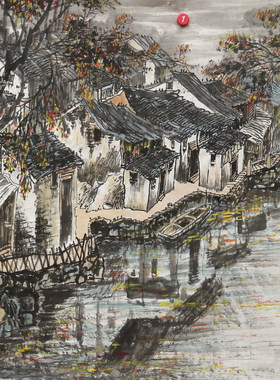 四尺斗方古寨春晖原创水乡手绘国画山水画客厅挂画特价HC571201
