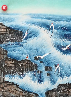 特价小品大海山水画手绘国画海水装饰画客厅挂画无款画芯HA58310